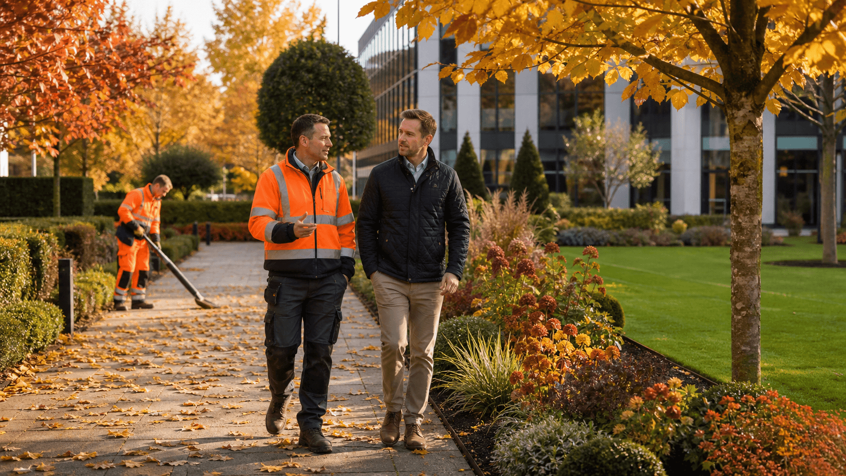 Autumn leaves frame a landscaped Oxfordshire development with trimmed lawns, young trees, and warm golden light.