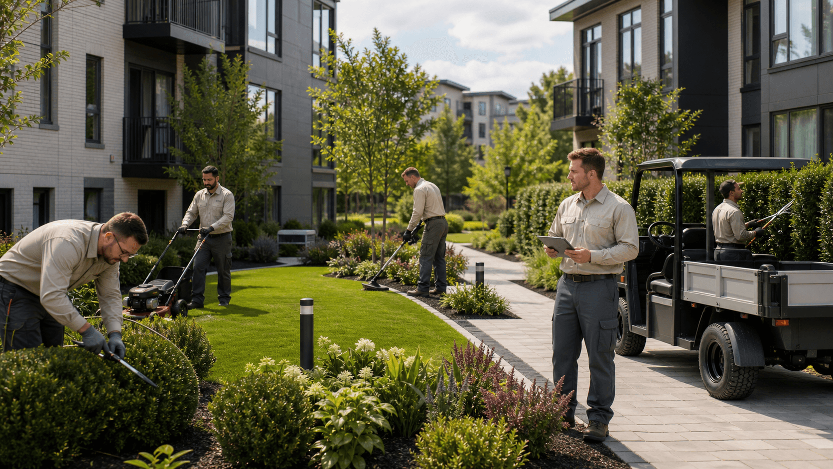 Split scene of uniformed gardeners maintaining landscaped apartment grounds with lawns, hedges and tools.