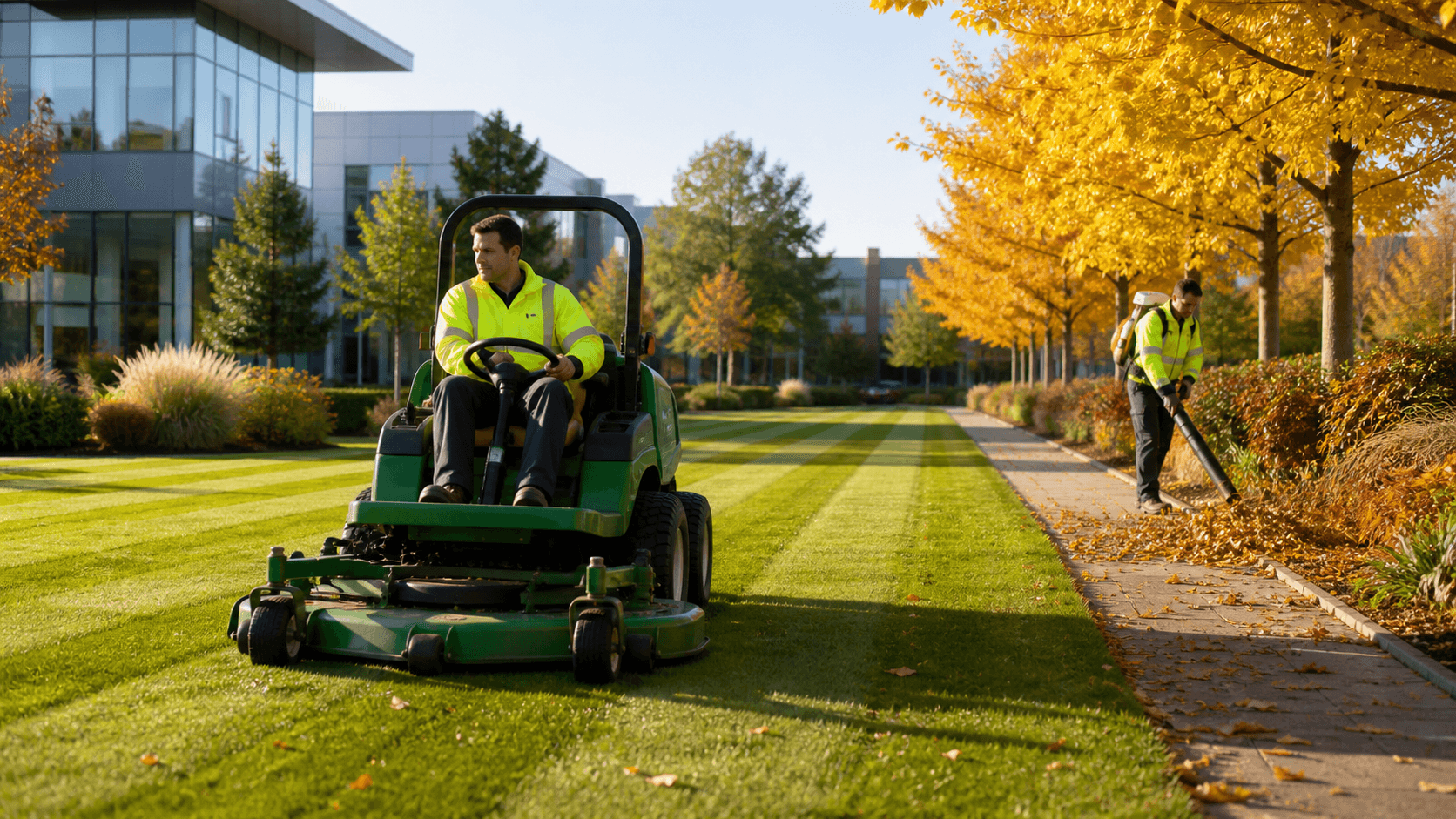 Groundskeeper mowing a green lawn beside a wet path under cloudy autumn skies, with orange leaves scattered nearby.