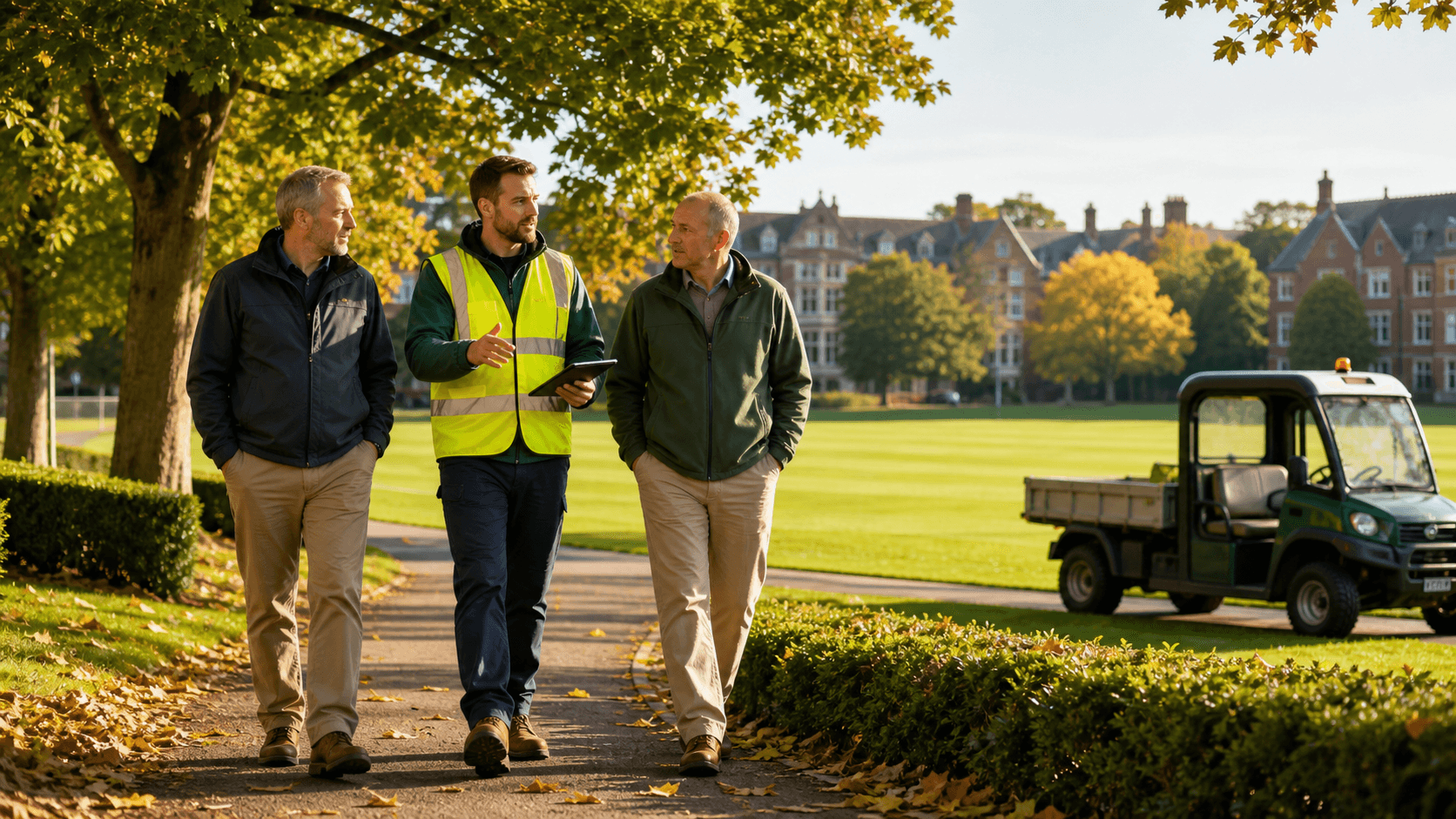 Grounds crew in safety vests walks beside a school lawn under bright September sunlight.