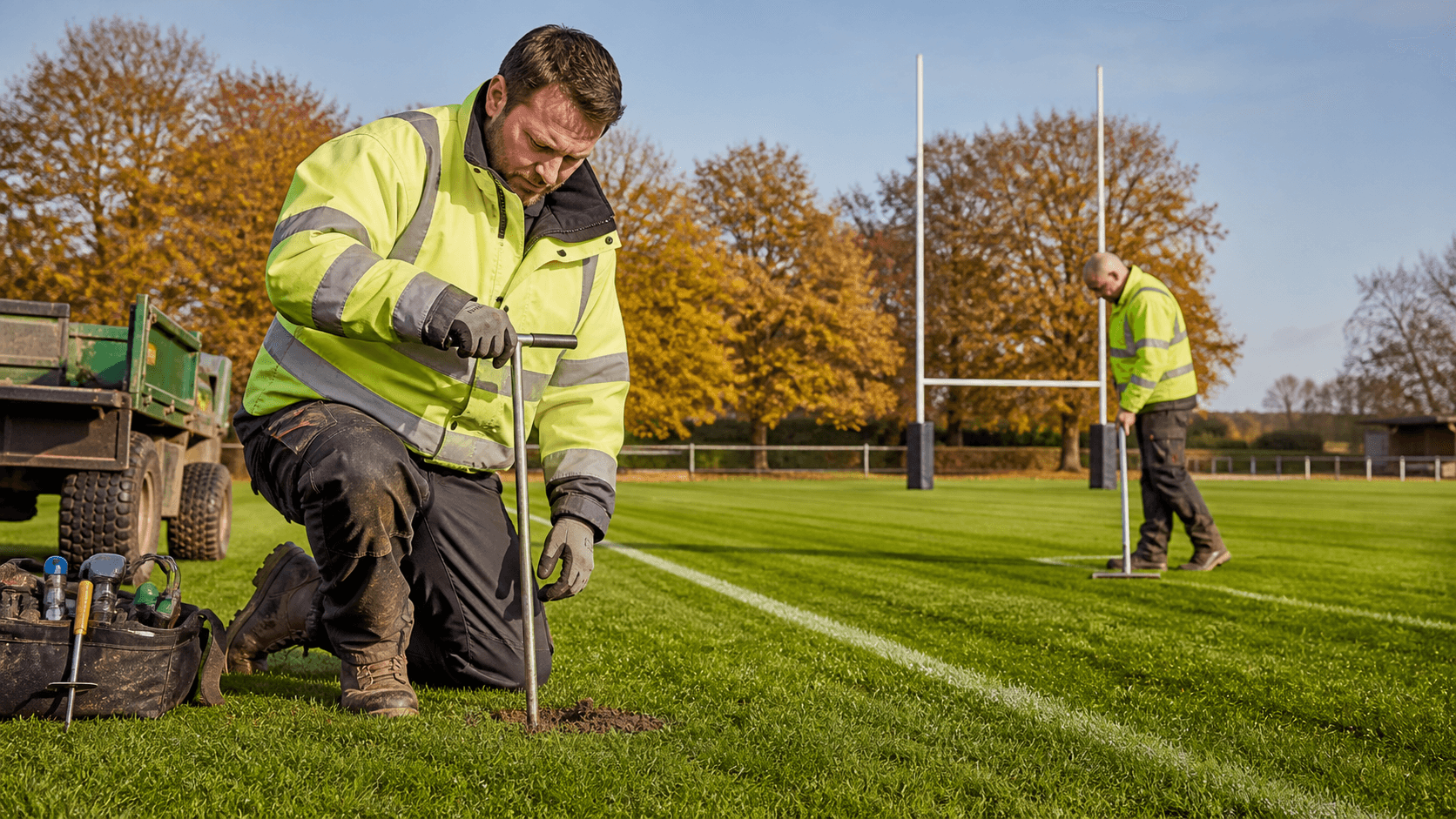 Groundskeeper inspects a frost-covered sports field beside goalposts under a pale winter sky.
